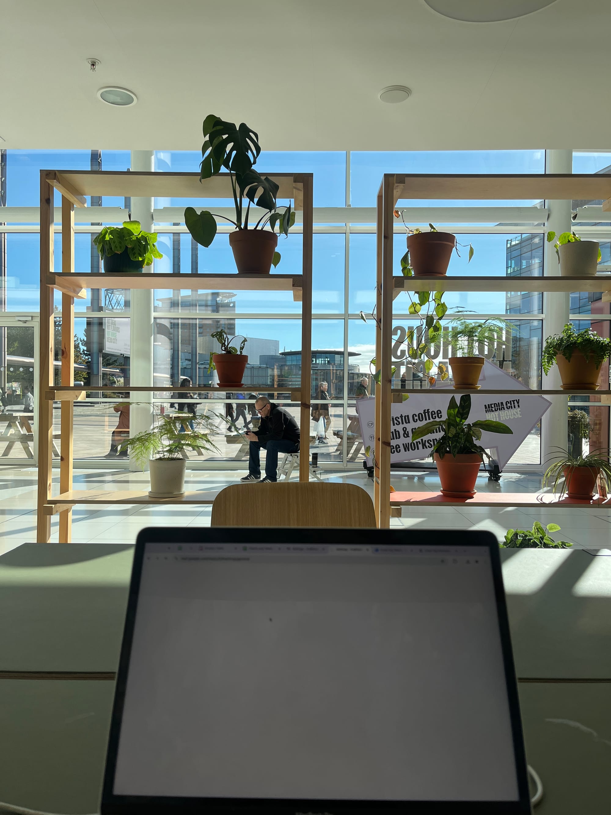 Laptop on a table in a bright workspace surrounded by plants and large windows.