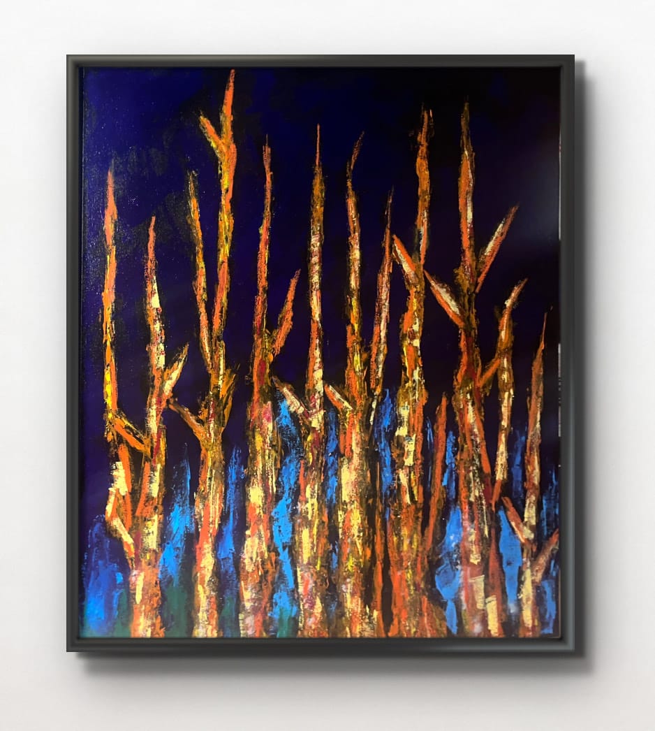 Abstract artwork depicting tall, vertical, tree-like forms in textured orange, gold, and blue tones against a deep blue background.