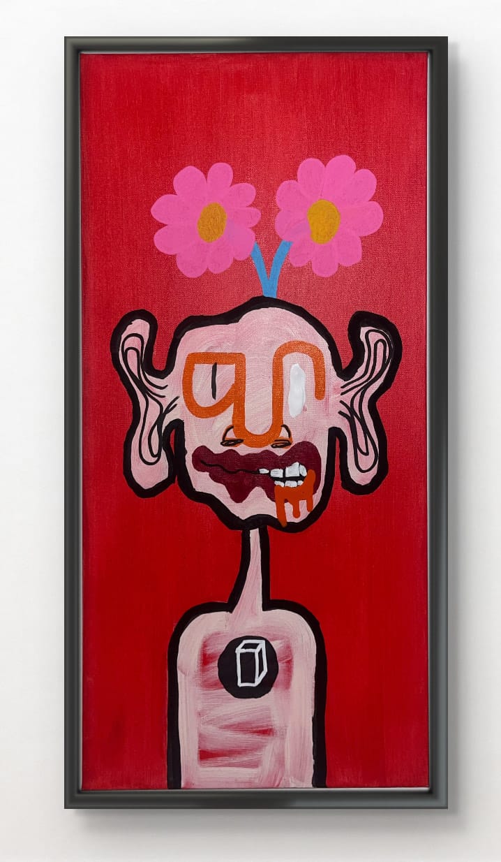 Abstract portrait of a stylised figure with exaggerated facial features and two pink flowers sprouting from the head, set against a red background.