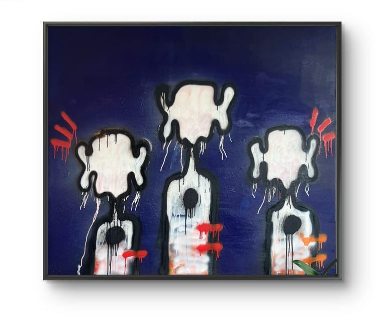 Abstract painting of three white, faceless figures outlined in black with dripping red and orange paint accents on a dark blue background.